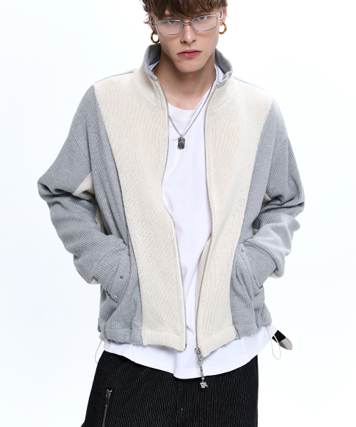 RIVET POCKET MIX KNIT ZIPUP - GRAY/IVORY