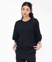 レディース 袖変形 7部Tシャツ-ブラック