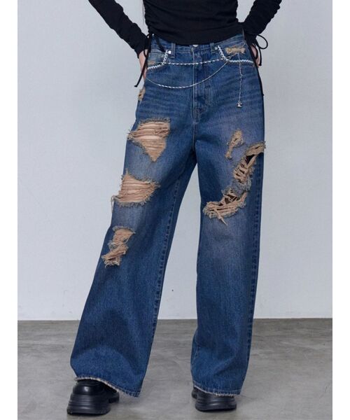 EMODA(エモダ)の「バルキーワイドハイウエストクラッシュジーンズ(デニムパンツ・レディース・ライトブルー/インディゴブルー・X-SMALL/SMALL/MEDIUM)」の2枚目の写真