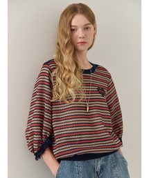 レースブロックバルーンスリーブツイードルーズフィットTシャツ