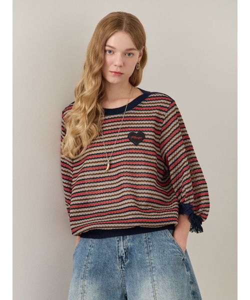 MAXZA(マージャコレクション)の「レースブロックバルーンスリーブツイードルーズフィットTシャツ(Tシャツ/カットソー・レディース・オレンジ・FREE)」の3枚目の写真