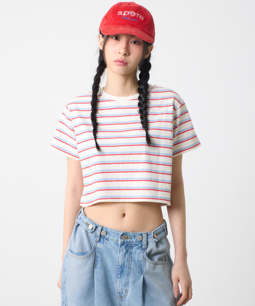 UNKNOWN PLANET（アンノウンプラネット）の「ストライプクロップTシャツホワイト（Tシャツ/カットソー・レディース・その他・FREE）」の2枚目の写真