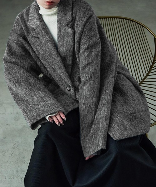 Fashion Letter(ファッションレター)の「シャギー テーラードジャケットコート(ステンカラーコート・レディース・ブラック/グレー・M)」の4枚目の写真