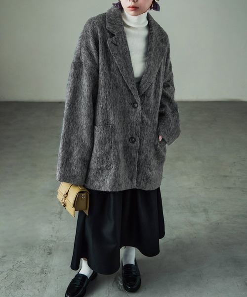 Fashion Letter(ファッションレター)の「シャギー テーラードジャケットコート(ステンカラーコート・レディース・ブラック/グレー・M)」の6枚目の写真