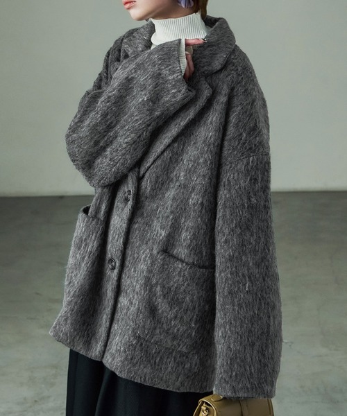 Fashion Letter(ファッションレター)の「シャギー テーラードジャケットコート(ステンカラーコート・レディース・ブラック/グレー・M)」の8枚目の写真