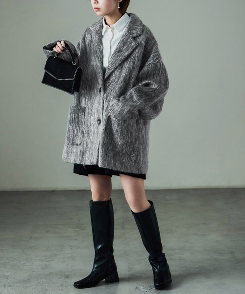 Fashion Letter(ファッションレター)の「シャギー テーラードジャケットコート(ステンカラーコート・レディース・ブラック/グレー・M)」の18枚目の写真