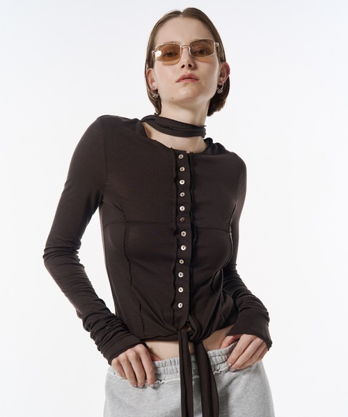 JOSE MOON（ジョゼムーン）の「SHEER CUT TIE CARDIGAN/シアーカットタイカーディガン（カーディガン/ボレロ・レディース・ブラック/ブラウン・FREE）」の2枚目の写真