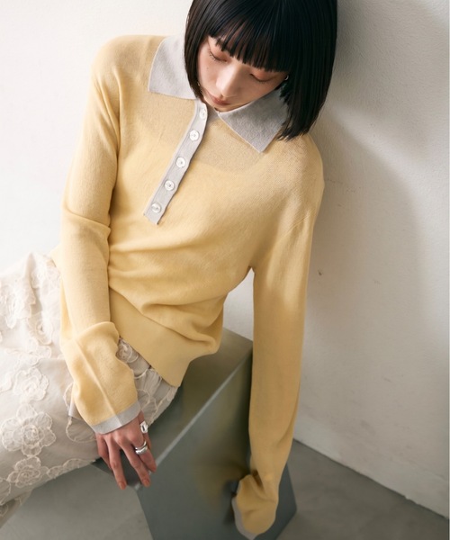 Lutim by u(ルチバイユー)の「【接触冷感】ソフトコントラストポロニットトップス(ニット/セーター・レディース・グレー/チャコールグレー/イエロー・FREE)」の3枚目の写真