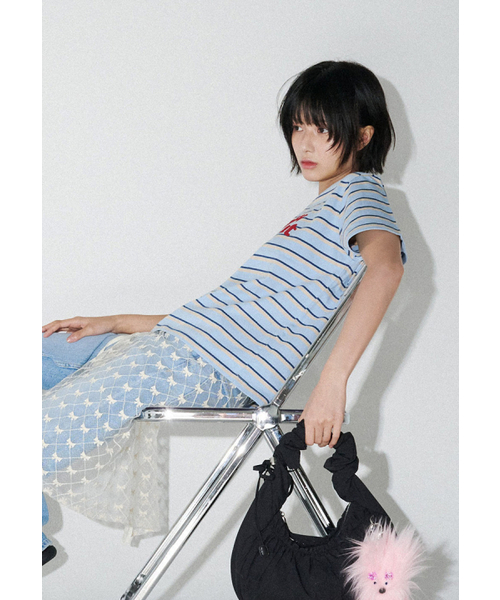MELLOTORY(メロートリー)の「メロウモーメントストライプTシャツ(スカイブルー)(Tシャツ/カットソー・レディース・スカイブルー・FREE)」の3枚目の写真