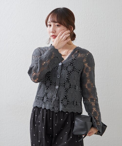 2回のみ着用！drawer⭐︎サイズフリー　黒あみこみカーディガン⭐︎ 透かし編みカーディガン(F CHARCOAL GRAY): トップス｜PMbox P&M