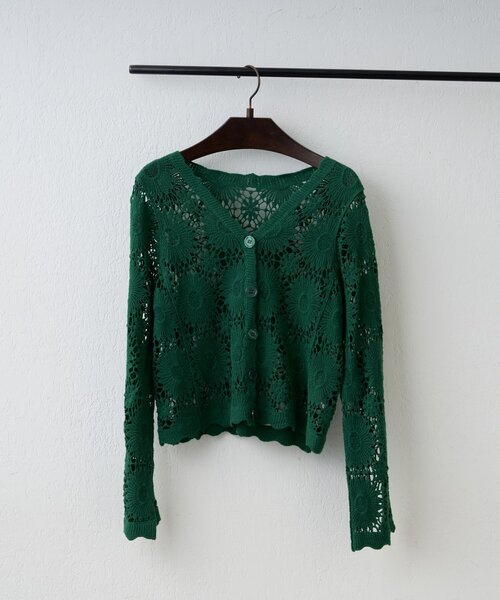 【美品】  01u10 / ゼロイチユーイチゼロ | 円環 race cardigan SUKASI レース カーディガン | F | モスグリーン | レディース 美品】 01u10 / ゼロイチユーイチゼロ | 円環 race cardigan SUKASI
