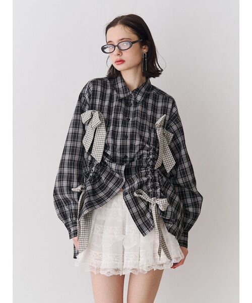 jouetie（ジュエティ）の「ギャザーリボンルーズシャツ チェック柄（シャツ/ブラウス・レディース・オフホワイト/レッド/ブラック・MEDIUM）」の6枚目の写真
