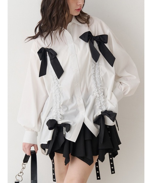 jouetie（ジュエティ）の「ギャザーリボンルーズシャツ チェック柄（シャツ/ブラウス・レディース・オフホワイト/レッド/ブラック・MEDIUM）」の2枚目の写真