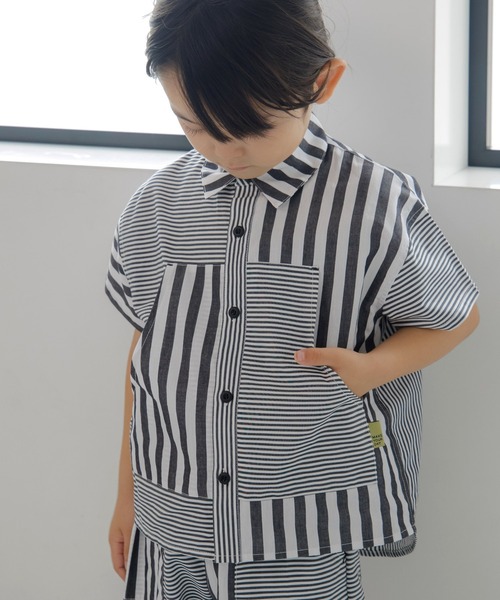 MAKE YOUR DAY(メイクユアデイ)の「セットアップできるストライプボーダー半袖シャツ■80~140cm(シャツ/ブラウス・キッズ・ブルー/ブラック・140/130/100/80/110/90/120)」の2枚目の写真