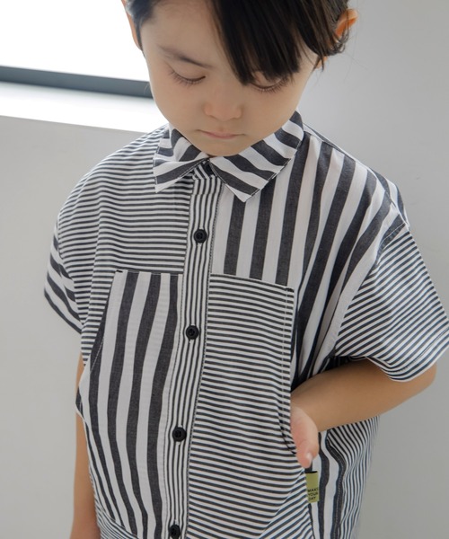 MAKE YOUR DAY(メイクユアデイ)の「セットアップできるストライプボーダー半袖シャツ■80~140cm(シャツ/ブラウス・キッズ・ブルー/ブラック・140/130/100/80/110/90/120)」の6枚目の写真