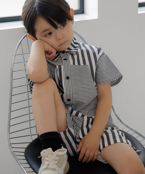 MAKE YOUR DAY(メイクユアデイ)の「セットアップできるストライプボーダー半袖シャツ■80~140cm(シャツ/ブラウス・キッズ・ブルー/ブラック・140/130/100/80/110/90/120)」の7枚目の写真
