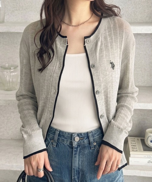 U.S. POLO ASSN.(ユーエスポロアッスン)の「GeeRA別注【U.S. POLO ASSN.】配色シアーカーディガン(カーディガン/ボレロ・レディース・ブラック/グレー・SMALL/MEDIUM/LARGE/X-LARGE)」の1枚目の写真