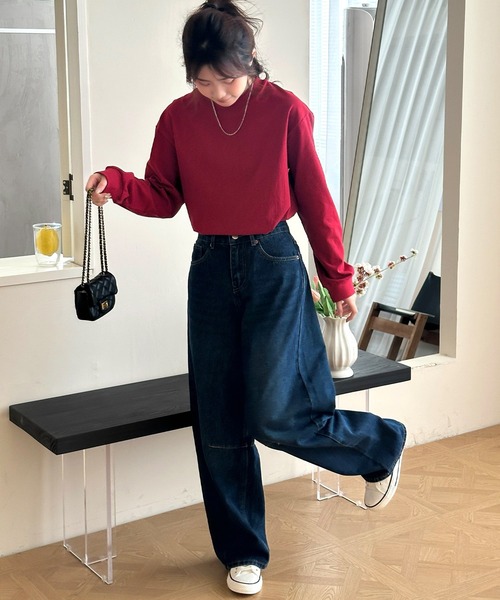 DAY CLOSET（デイ クローゼット）の「【ゆったりオーバーサイズ】長袖 ラウンドネックドロップショルダー ロング Tシャツ（Tシャツ/カットソー・レディース・レッド/ホワイト/グレー・L/XL/M）」の6枚目の写真