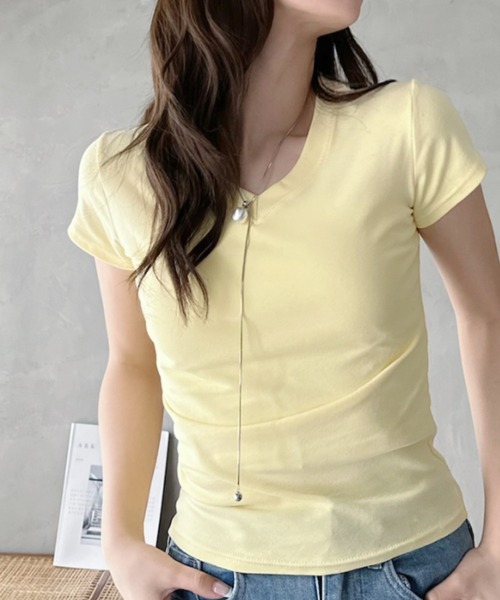 Eclat one(エクラワン)の「【Eclat one】ベーシック Vネック コンパクトシルエット カットソー(Tシャツ/カットソー・レディース・イエロー/ホワイト/グレー/ブラック・FREE)」の7枚目の写真
