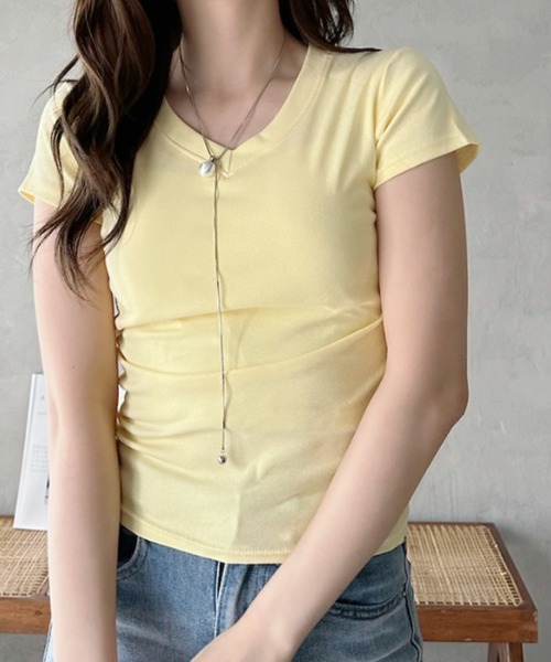 Eclat one(エクラワン)の「【Eclat one】ベーシック Vネック コンパクトシルエット カットソー(Tシャツ/カットソー・レディース・イエロー/ホワイト/グレー/ブラック・FREE)」の8枚目の写真