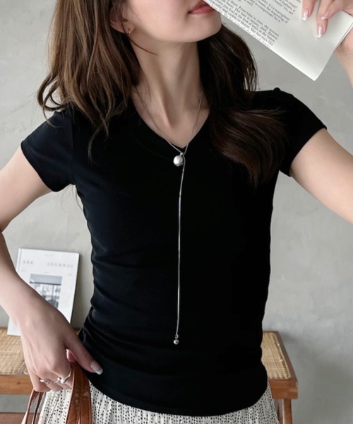 Eclat one(エクラワン)の「【Eclat one】ベーシック Vネック コンパクトシルエット カットソー(Tシャツ/カットソー・レディース・イエロー/ホワイト/グレー/ブラック・FREE)」の15枚目の写真