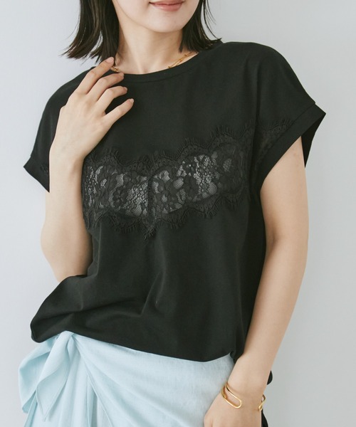 Doux archives(ドゥアルシーヴ)の「VカットレースTOPS(Tシャツ/カットソー・レディース・ブラウン/ブラック/オフホワイト・FREE)」の2枚目の写真