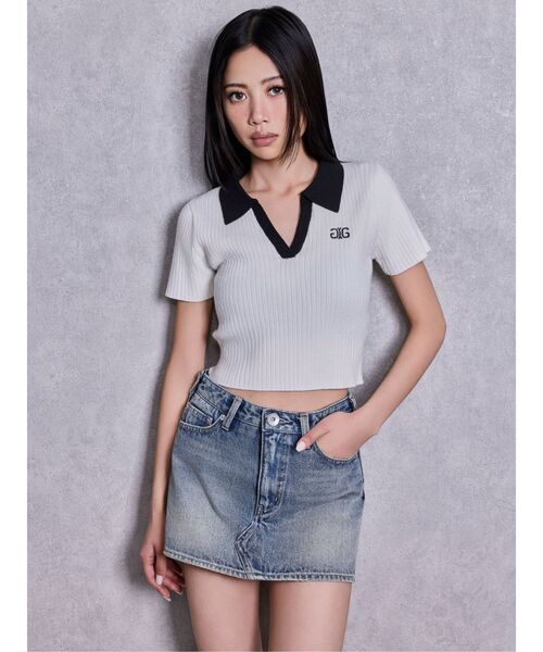 GYDA(ジェイダ)の「Symmetry GYDAハーフスリーブポロニットトップス(Tシャツ/カットソー・レディース・オフホワイト/その他1/ブラック・FREE)」の8枚目の写真
