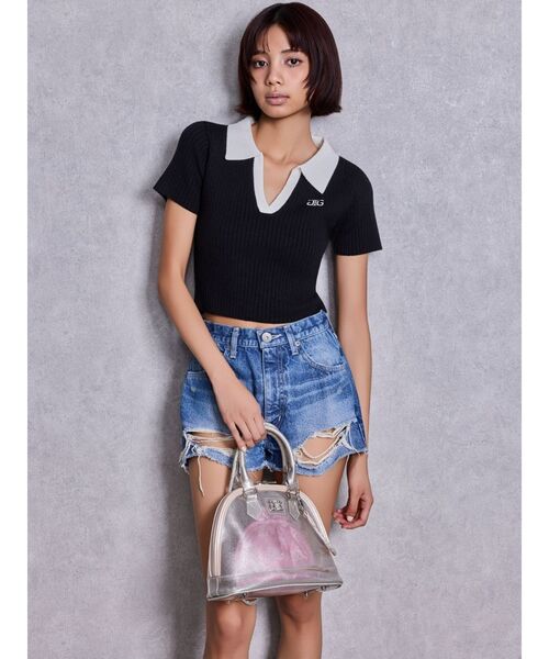 GYDA(ジェイダ)の「Symmetry GYDAハーフスリーブポロニットトップス(Tシャツ/カットソー・レディース・オフホワイト/その他1/ブラック・FREE)」の12枚目の写真