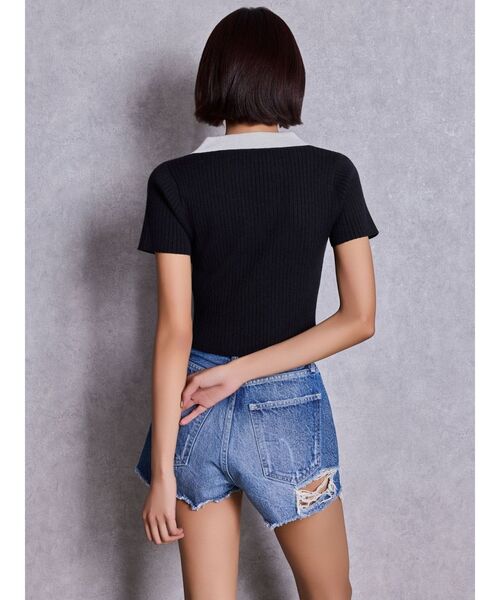 GYDA(ジェイダ)の「Symmetry GYDAハーフスリーブポロニットトップス(Tシャツ/カットソー・レディース・オフホワイト/その他1/ブラック・FREE)」の13枚目の写真
