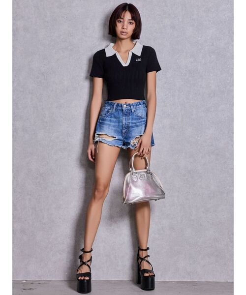 GYDA(ジェイダ)の「Symmetry GYDAハーフスリーブポロニットトップス(Tシャツ/カットソー・レディース・オフホワイト/その他1/ブラック・FREE)」の15枚目の写真