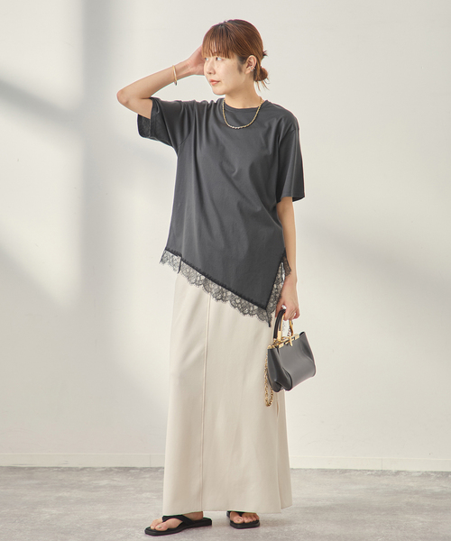 journal standard L'essage（ジャーナルスタンダードレサージュ）の「レースイレギュラーヘムTシャツ（Tシャツ/カットソー・レディース・ブラウン/グレー/アイボリー・FREE）」の4枚目の写真