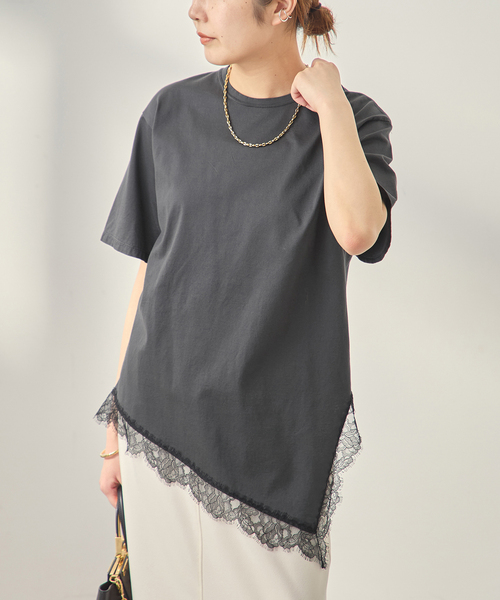 journal standard L'essage（ジャーナルスタンダードレサージュ）の「レースイレギュラーヘムTシャツ（Tシャツ/カットソー・レディース・ブラウン/グレー/アイボリー・FREE）」の7枚目の写真