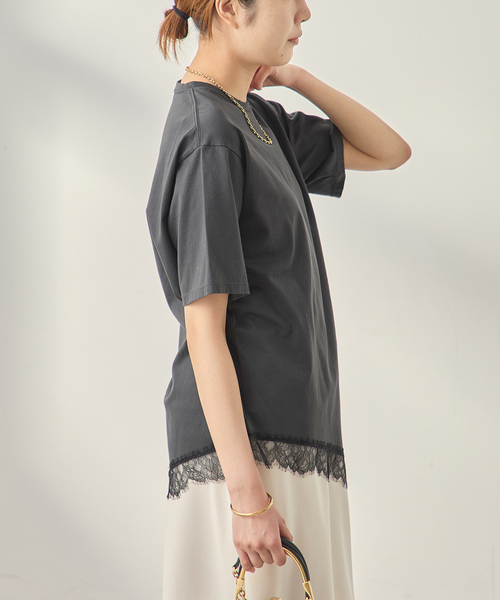 journal standard L'essage（ジャーナルスタンダードレサージュ）の「レースイレギュラーヘムTシャツ（Tシャツ/カットソー・レディース・ブラウン/グレー/アイボリー・FREE）」の8枚目の写真