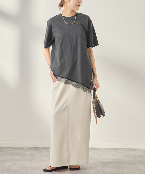 journal standard L'essage（ジャーナルスタンダードレサージュ）の「レースイレギュラーヘムTシャツ（Tシャツ/カットソー・レディース・ブラウン/グレー/アイボリー・FREE）」の10枚目の写真