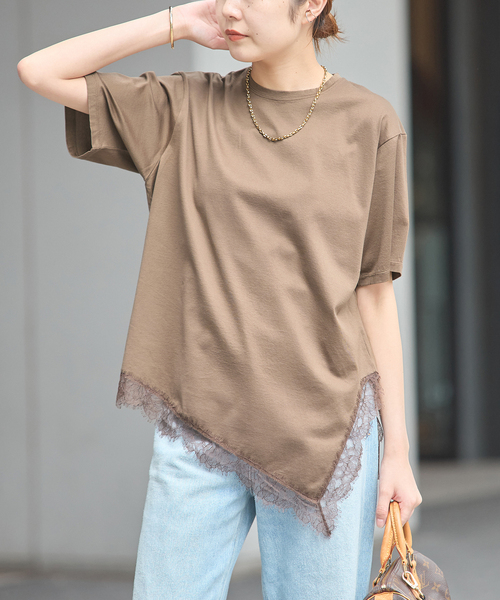 journal standard L'essage（ジャーナルスタンダードレサージュ）の「レースイレギュラーヘムTシャツ（Tシャツ/カットソー・レディース・ブラウン/グレー/アイボリー・FREE）」の16枚目の写真