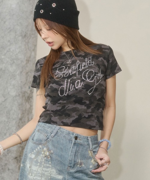 d.i.a.（ダイヤ）の「ラインストーンフィットTシャツ（Tシャツ/カットソー・レディース・グレー/ホワイト/カーキ/ブラック・FREE）」の5枚目の写真