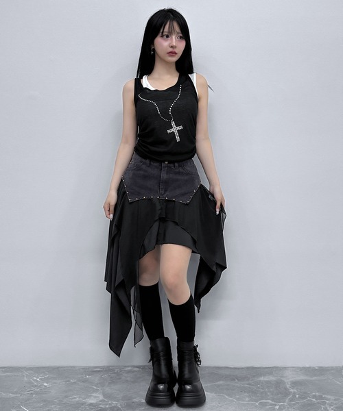 FOLLOWIN(フォロウィン)の「スタッズレイヤードアシメドレープスカート(デニムスカート・レディース・ベージュ/ブラック・LARGE/MEDIUM/SMALL)」の3枚目の写真