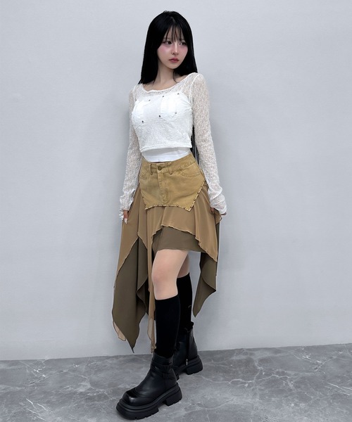 FOLLOWIN(フォロウィン)の「スタッズレイヤードアシメドレープスカート(デニムスカート・レディース・ベージュ/ブラック・LARGE/MEDIUM/SMALL)」の13枚目の写真