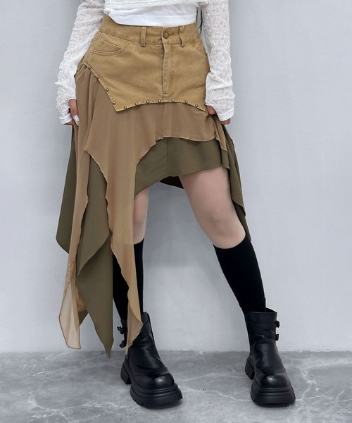 FOLLOWIN(フォロウィン)の「スタッズレイヤードアシメドレープスカート(デニムスカート・レディース・ベージュ/ブラック・LARGE/MEDIUM/SMALL)」の17枚目の写真