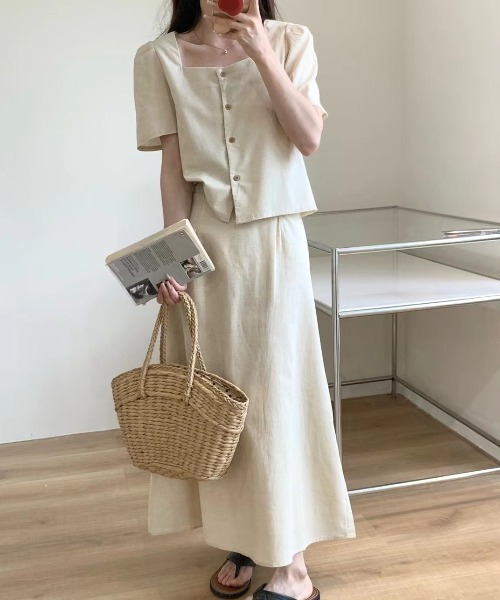 FAVORITO(ファヴォリート)の「半袖トップススカートセットアップ(セットアップ・レディース・ネイビー/パープル/ベージュ・F)」の6枚目の写真