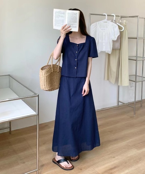 FAVORITO(ファヴォリート)の「半袖トップススカートセットアップ(セットアップ・レディース・ネイビー/パープル/ベージュ・F)」の4枚目の写真