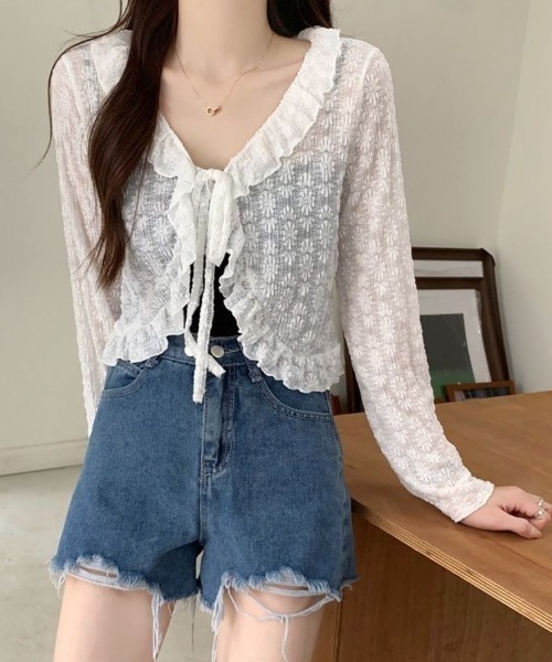 Beststore(ベストストア)の「レース カーディガン シアー レディース 夏 長袖 UVカット 防晒 シースルー ショート丈 フリル リボン ボレロ サマーカーディガン 羽織り(カーディガン/ボレロ・レディース・アイボリー/ホワイト/ピンク/ライトブルー/ブラック・FREE)」の2枚目の写真