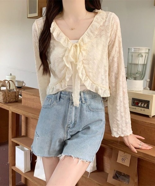 Beststore(ベストストア)の「レース カーディガン シアー レディース 夏 長袖 UVカット 防晒 シースルー ショート丈 フリル リボン ボレロ サマーカーディガン 羽織り(カーディガン/ボレロ・レディース・アイボリー/ホワイト/ピンク/ライトブルー/ブラック・FREE)」の1枚目の写真