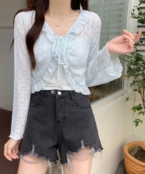 Beststore(ベストストア)の「レース カーディガン シアー レディース 夏 長袖 UVカット 防晒 シースルー ショート丈 フリル リボン ボレロ サマーカーディガン 羽織り(カーディガン/ボレロ・レディース・アイボリー/ホワイト/ピンク/ライトブルー/ブラック・FREE)」の4枚目の写真