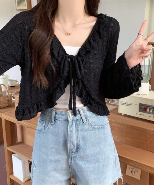 Beststore(ベストストア)の「レース カーディガン シアー レディース 夏 長袖 UVカット 防晒 シースルー ショート丈 フリル リボン ボレロ サマーカーディガン 羽織り(カーディガン/ボレロ・レディース・アイボリー/ホワイト/ピンク/ライトブルー/ブラック・FREE)」の18枚目の写真