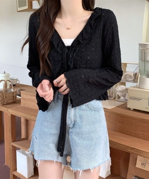 Beststore(ベストストア)の「レース カーディガン シアー レディース 夏 長袖 UVカット 防晒 シースルー ショート丈 フリル リボン ボレロ サマーカーディガン 羽織り(カーディガン/ボレロ・レディース・アイボリー/ホワイト/ピンク/ライトブルー/ブラック・FREE)」の19枚目の写真