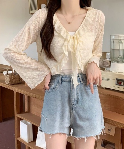 Beststore(ベストストア)の「レース カーディガン シアー レディース 夏 長袖 UVカット 防晒 シースルー ショート丈 フリル リボン ボレロ サマーカーディガン 羽織り(カーディガン/ボレロ・レディース・アイボリー/ホワイト/ピンク/ライトブルー/ブラック・FREE)」の7枚目の写真