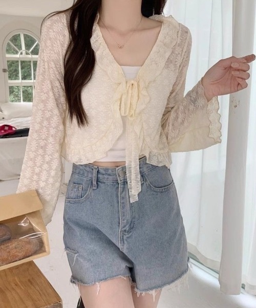 Beststore(ベストストア)の「レース カーディガン シアー レディース 夏 長袖 UVカット 防晒 シースルー ショート丈 フリル リボン ボレロ サマーカーディガン 羽織り(カーディガン/ボレロ・レディース・アイボリー/ホワイト/ピンク/ライトブルー/ブラック・FREE)」の8枚目の写真