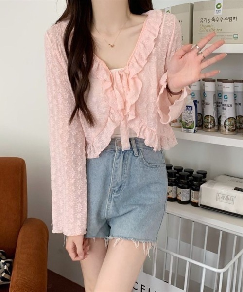 Beststore(ベストストア)の「レース カーディガン シアー レディース 夏 長袖 UVカット 防晒 シースルー ショート丈 フリル リボン ボレロ サマーカーディガン 羽織り(カーディガン/ボレロ・レディース・アイボリー/ホワイト/ピンク/ライトブルー/ブラック・FREE)」の9枚目の写真