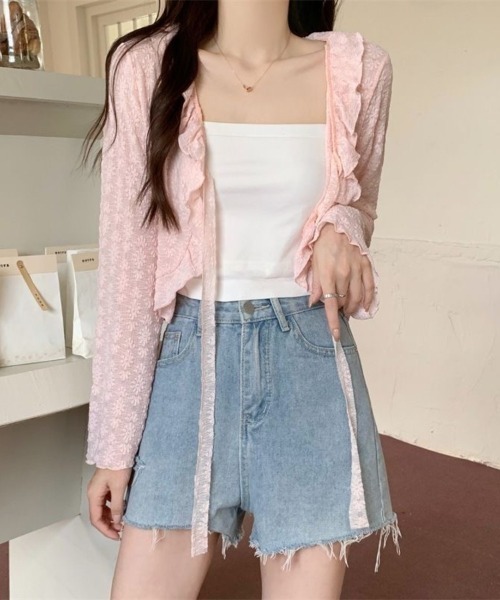 Beststore(ベストストア)の「レース カーディガン シアー レディース 夏 長袖 UVカット 防晒 シースルー ショート丈 フリル リボン ボレロ サマーカーディガン 羽織り(カーディガン/ボレロ・レディース・アイボリー/ホワイト/ピンク/ライトブルー/ブラック・FREE)」の10枚目の写真